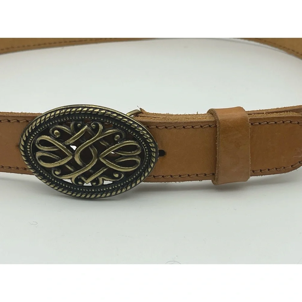 Leather Belt Brass Buckle Western Style Scroll Design Boho Tan